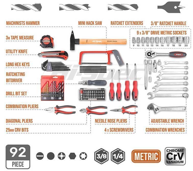 Behappy 92PCS Chrome Vanadium Hand Tool Box Set Hand Tool Set in Aluminum Tool Case Kit