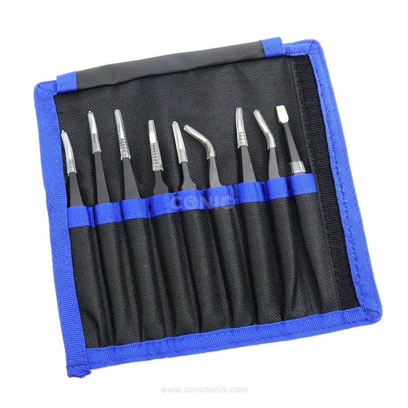 Stainless Steel Tweezers Pointed Elbow Head ESD Precision Tweezers 9PC Canvas Bag ESD Tweezers Set