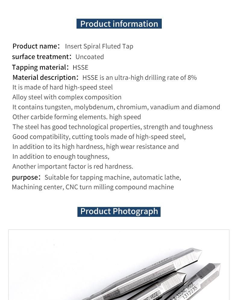 Hsse-M35 JIS Insert Spiral Fluted Taps St Unc Unf 2-56 4-40 6-32 8-32 10-24 10-32 1/4 5/16 3/8 1/2 Machine Screw Thread Tap