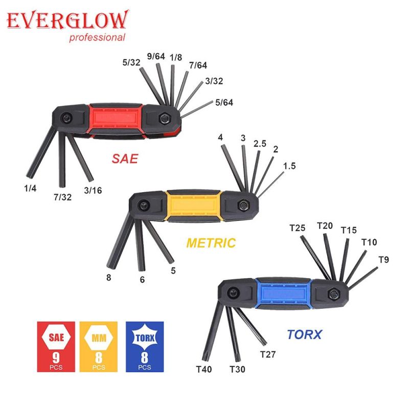 3pk 25PC Folding Allen Wrench Set SAE, Metric Torx Hex Key Set