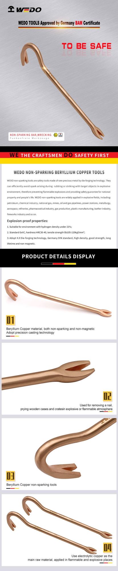 WEDO Beryllium Copper Non-Sparking Pry Bar Spark-Free Safety Wrecking Bar Bam/FM/GS Certified