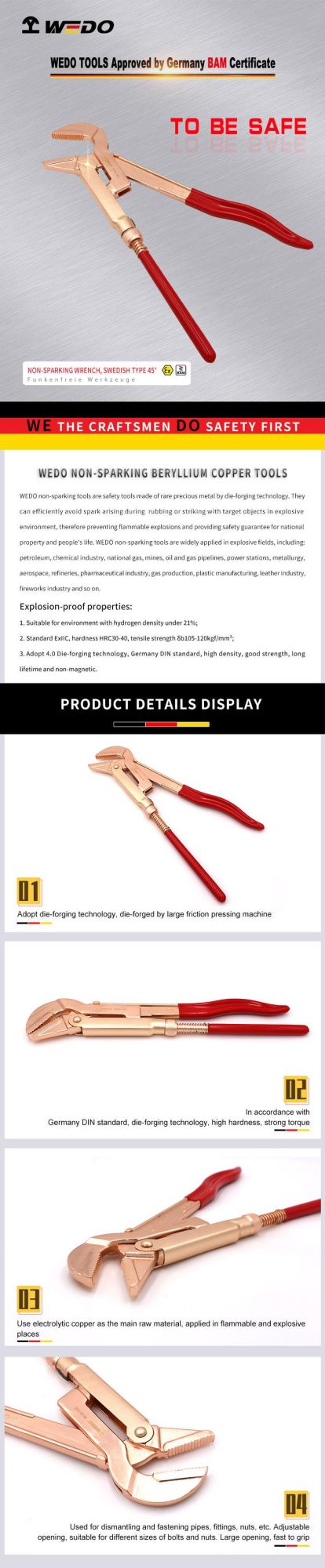 WEDO 17" 21"Non-Sparking Wrench Swedish Type 45 Degree Beryllium Copper Swedish Type Pipe Spanner