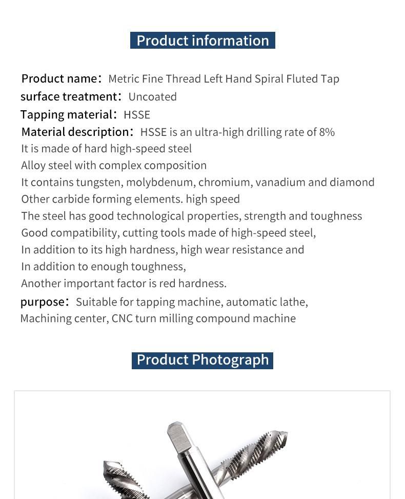 Hsse-M35 Left Hand Spiral Fluted Taps M3 M4 M5 M6 M7 M8 M9 M10 M12 M14 M16 Machine Fine Thread Screw Tap