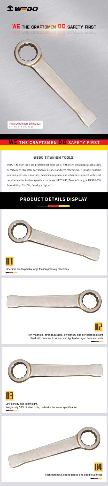 WEDO Titanium Striking Box Wrench 100% Anti-Magnetic Light Weight Non-Magnetic Rust-Proof Slogging Ring Spanner