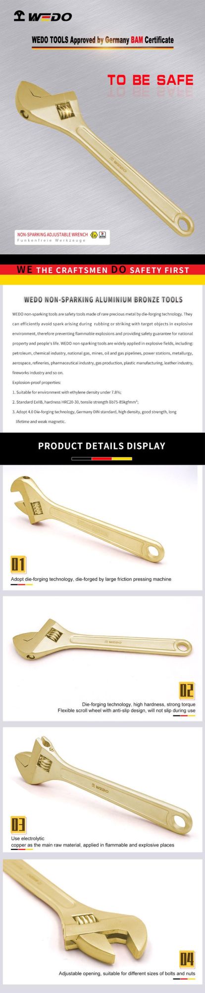 WEDO Hot Sale Wrench 24" Non-Sparking Adjustable Spanner Aluminium Bronze