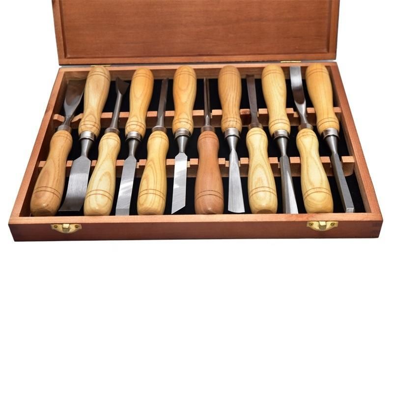 Wooden Carry Case with 12 PC Wood Handle Carving Chisel Tool Set