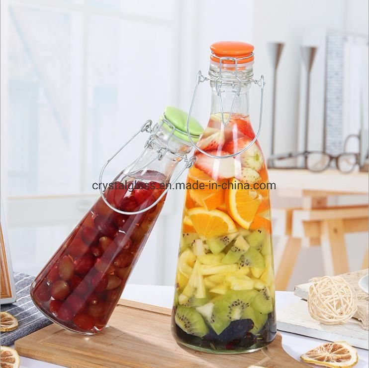 1L Cone Shape Glass Liquor or Juice Bottle with Ceramic Swing Top/Clip Top Glass Bottle