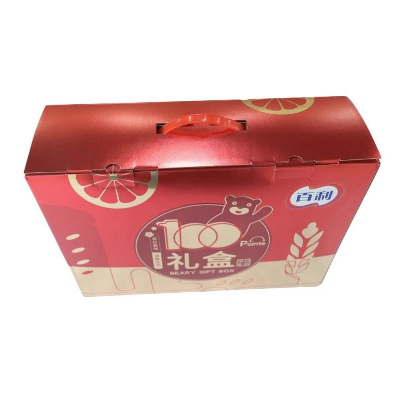 Luxury Customized Good Quality Sliver Artpaper UV Printing Packaging Color Box with Red Plastic Handle for Food Product