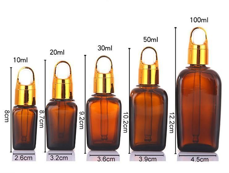 Empty Square Amber Essential Oils Glass Bottle Aromatherapy Bottle with Gold Dropper Cap