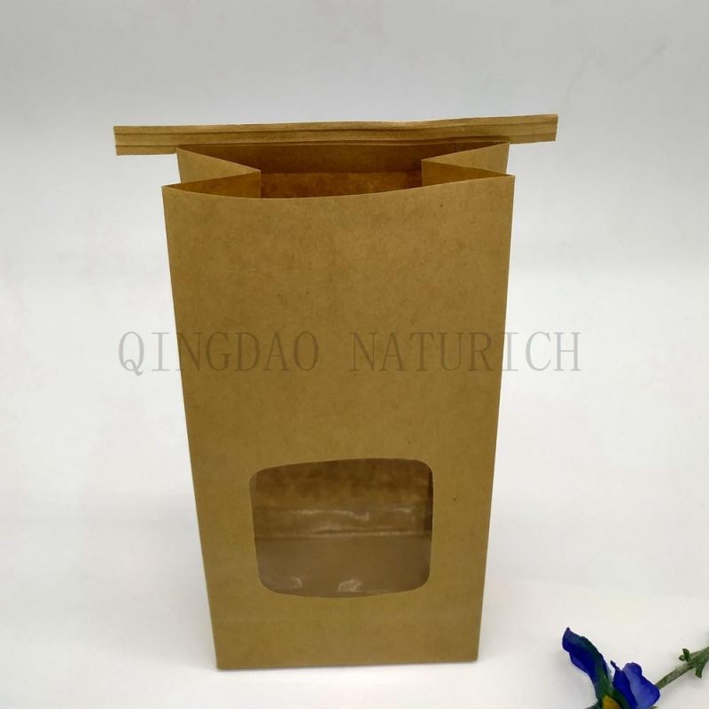 Customized Design Square Bottom Kraft Paper Bag with Clear Window and Tin Tie for Cookie