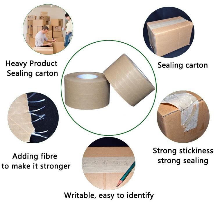 48mm*100m Wood Pulp Water Activated Packing Tape China Cinta De Embalaje De Cinta De Papel Kraft Gummed