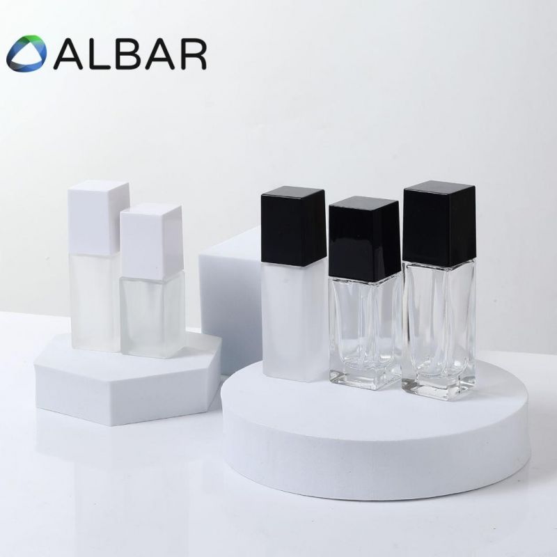 Square Clear Frosted Cosmetics Glass Liquid Foundation Serum Lotion Bottles with Pump