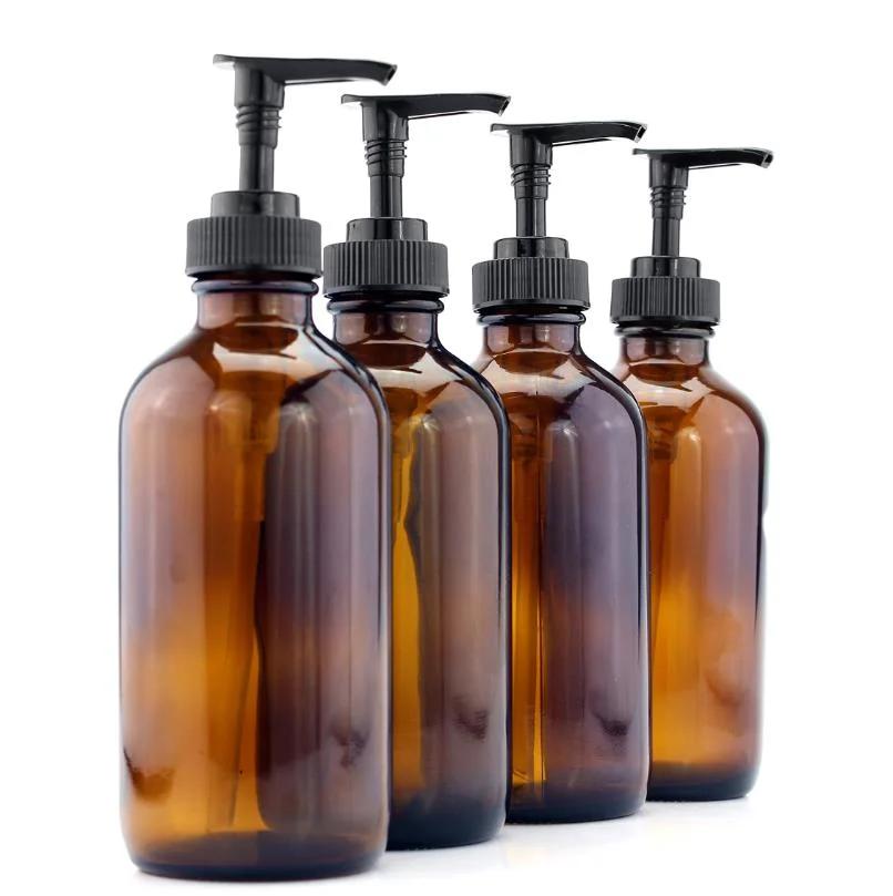 270ml 350ml 500ml Liquid Soap Dispensers with Stainless Steel Pump for Essential Oils Homemade Lotions Round Amber Glass