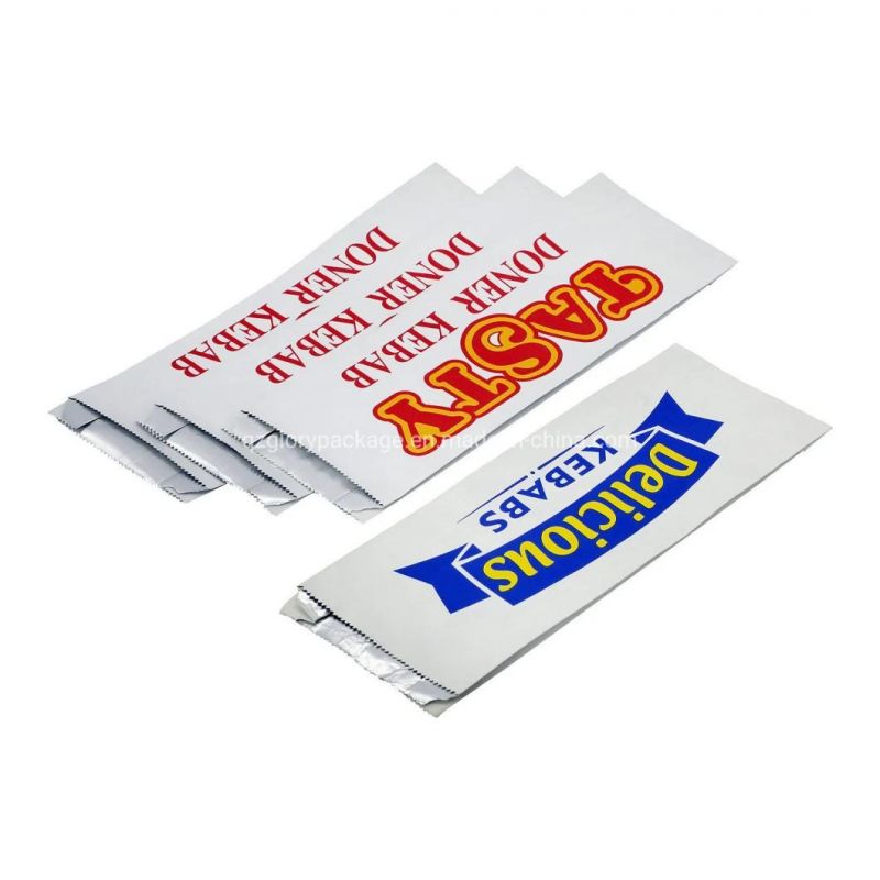 Take Away Custom Printed Food Packaging Foil Lined Oil Proof Paper Bag for Kebab Chicken Fried