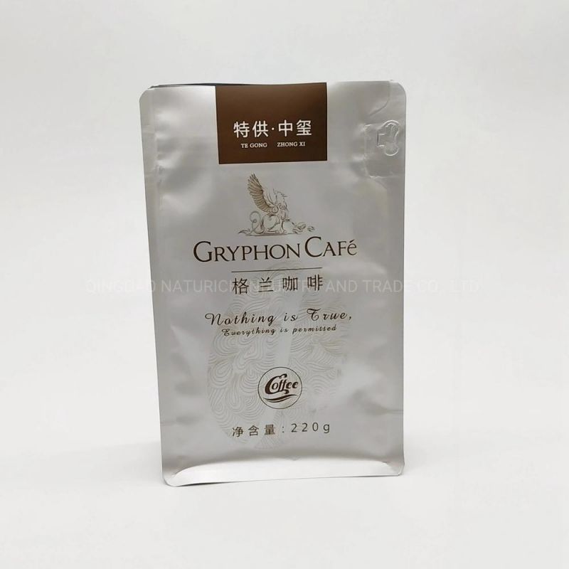 Wholesale Golden or Silver Flat Bottom Coffee Plastic Bag with Valve for Sales