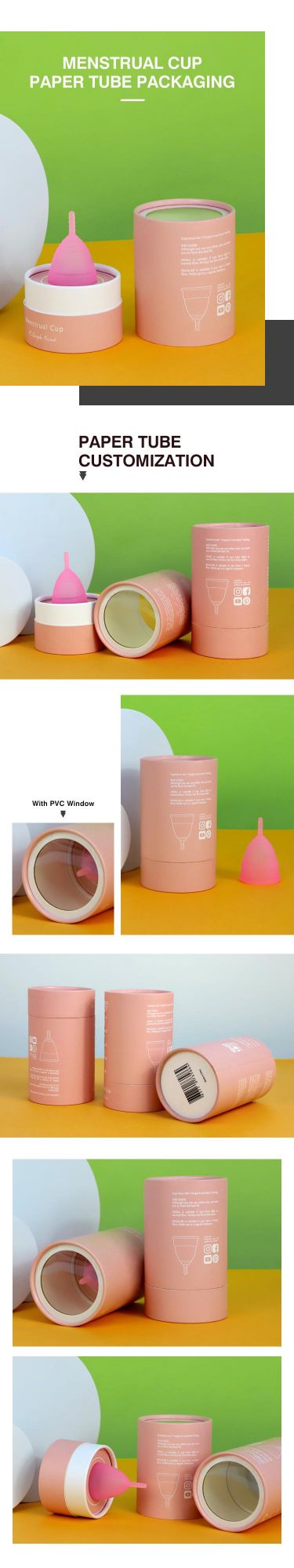 Firstsail Custom Printed Cardboard Eco Friendly Paper Round Tube Cylinder Gift Packaging Box for Silicone Ladies Reusable Period Menstrual Cup with PVC Window