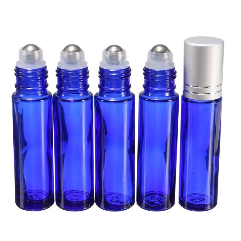 Blue Aromatherapy Essential Oil Roller Bottles Portable 10ml Smooth Glass Roll on Refillable Jar Bottles with Metal Ball