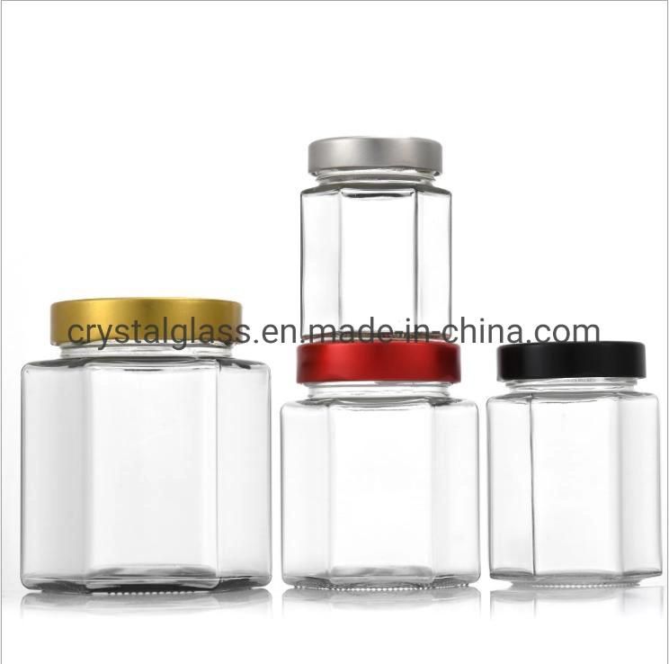 280ml 380ml Hexagonal Peanut Almond Nuts Butter Glass Jar with Gold or Black Metal Lids