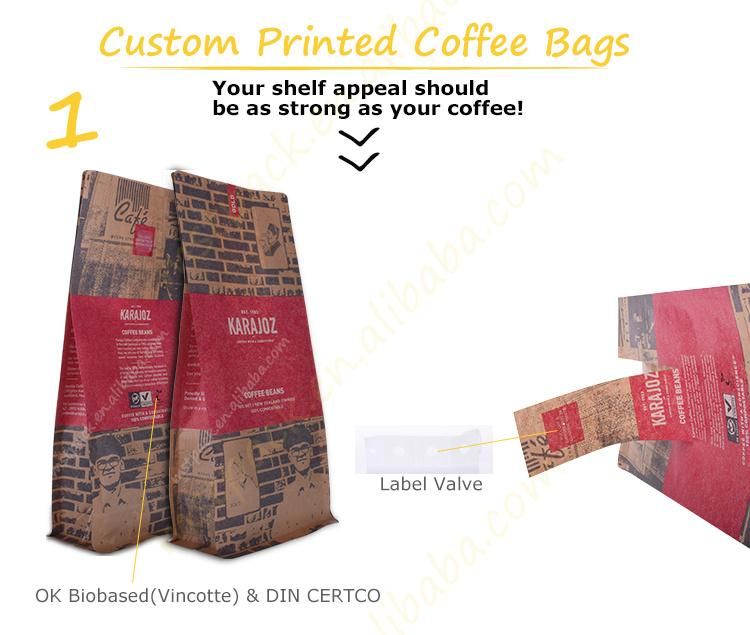 Custom Design Bio Eco Paper Flexible Packaging Aluminum Foil Resealable Ziplock One Way Valve Coffee Packing Bags