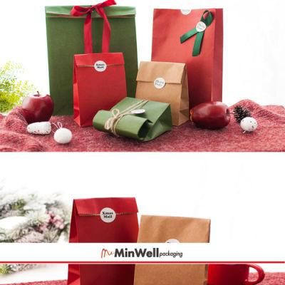 Minwell Christmas Kraft Paper Treat Bags Gift Packaging Bags for Cookies, Popcorn, Candy Party Favors