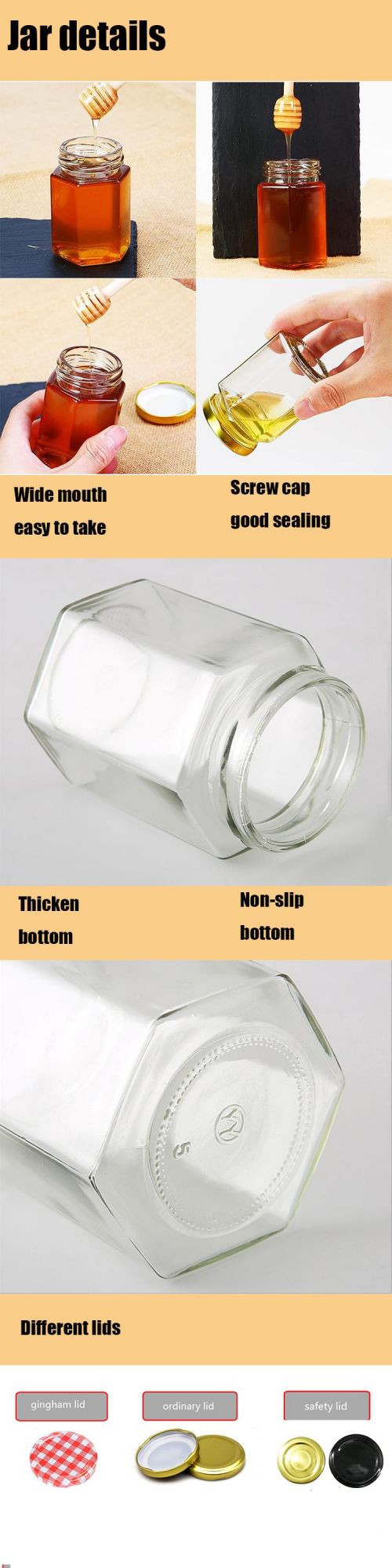 Hexagon Glass Honey Jar Glass Bottle for Food Storage 180/380/500/730ml