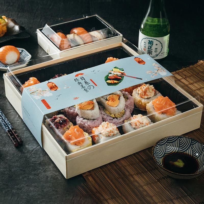 Donuts Sushi Pet Food Package Container Eco Sushi Box Blister Plastic Pet Black Bottom Transparent Cover Sushi Food Container Disposable Wood Packaging