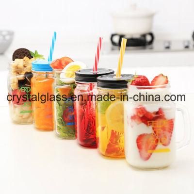 Glass Drinking Tumbler with Lid, Clear Glass Mason Jar