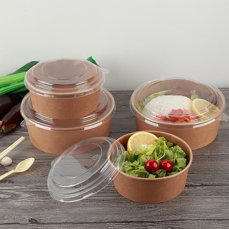 500ml/750ml/1000ml Customized Round Kraft Salad Paper Bowl Hot Food Container with Transparent Lid