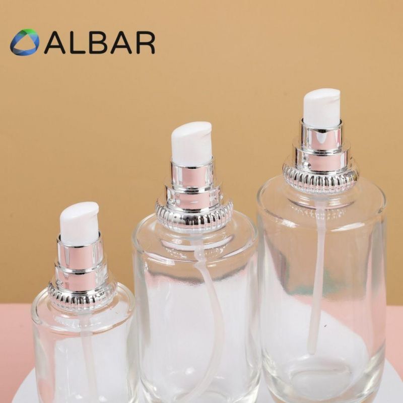 Flat Shoulder Round Bottom Clear Glass Bottles for Cosmetics Skin Care Packing