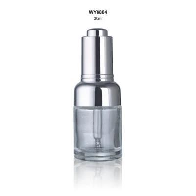 30ml Round Shape Spin Press Button Dropper Bottle Luxury Glossy Silver Collar Serum Cosmetic Bottle