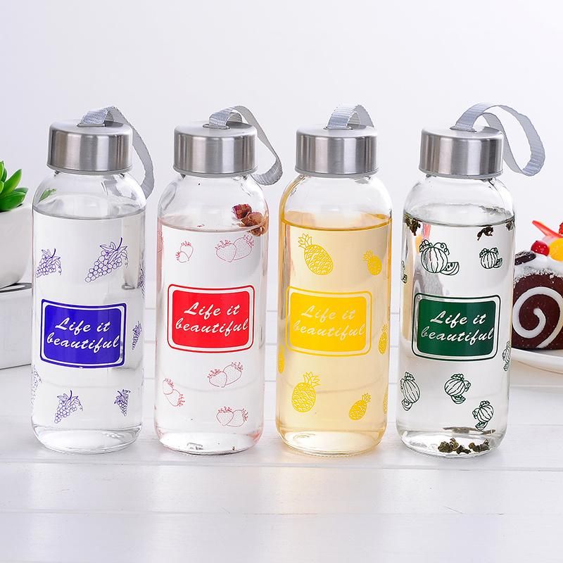 High Quality Empty Clear Glass Juice Water Bottle with Ss Lid Logo Printing