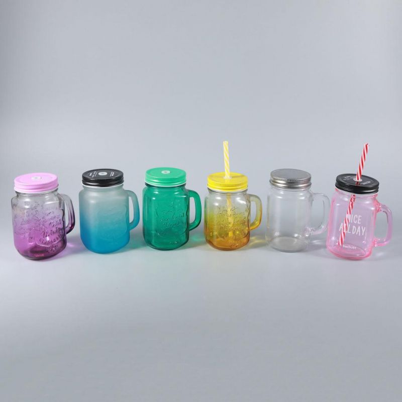 16oz Transparent Square Glass Mason Jar with Handle and Straw Lid Hot Sale Amazon for Drinking