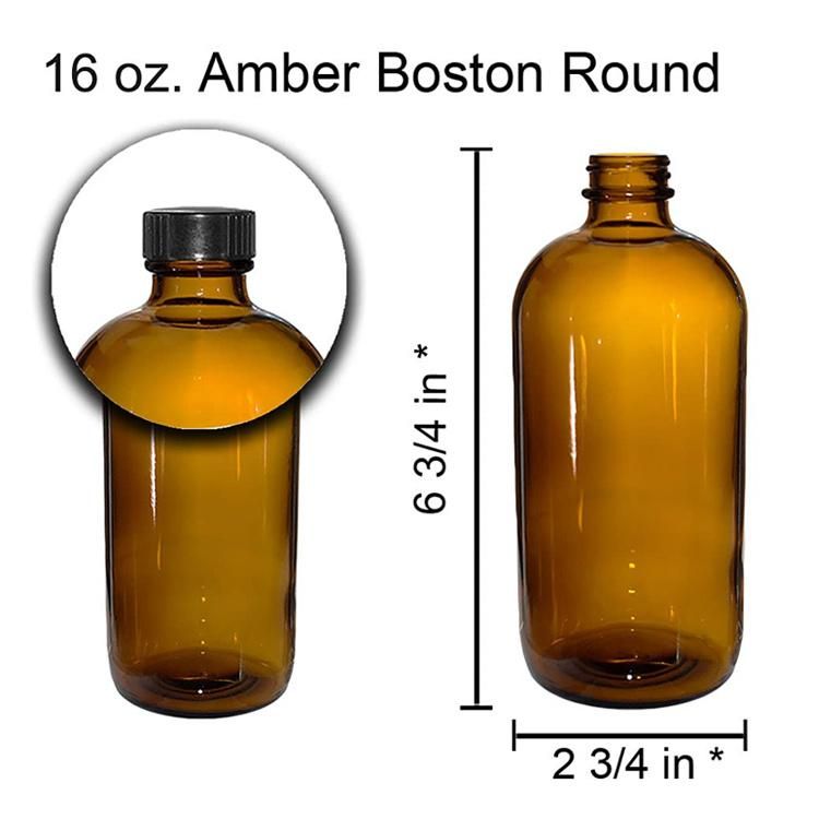 480ml 16oz Amber Boston Round Glass Beverage Essential Oil Bottle with Black Poly Cone Cap