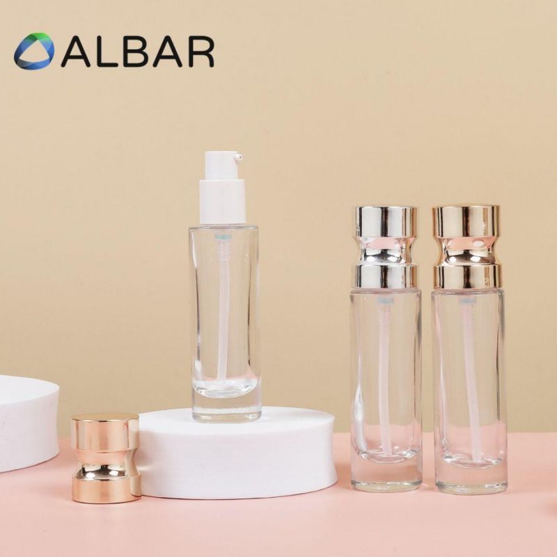 Silver Rose Gold Clear Glass Bottles of Straight Slim Cylinder with Press Pump