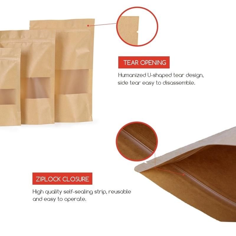 Stock Brown Kraft Paper Packaging Ziplock Bag Doypack with Window