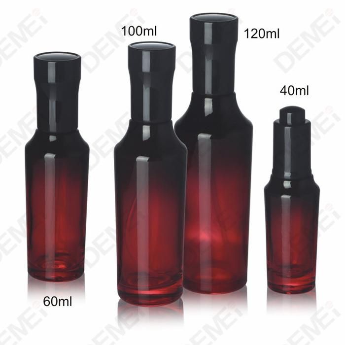 35/40/60/100/120ml 30/50g Cosmetic Skin Care Packaging Black Red Toner Lotion Glass Dropper Bottle and Cream Jar with Black Slim Cap