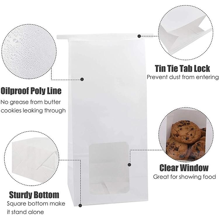 Square Block Flat Bottom Gusset Coffee Bean Tin Tie Dessert Kraft Paper Coffee Bags with Window