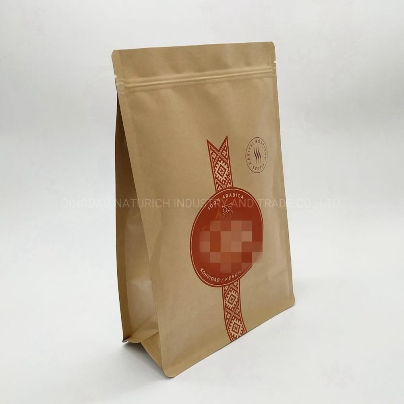 Custom Printing Flat Bottom Heat Seal One Way Valve Packaging Kraft Aluminum Foil Bag for Packing Coffee Bag