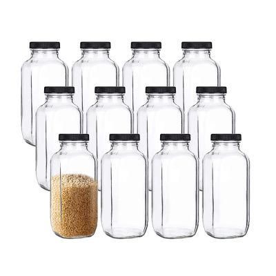 Cold Pressed Juice 250ml 300ml 500ml 16oz Clear French Square Milk Beverage Glass Bottles with Plastic Screw Cap