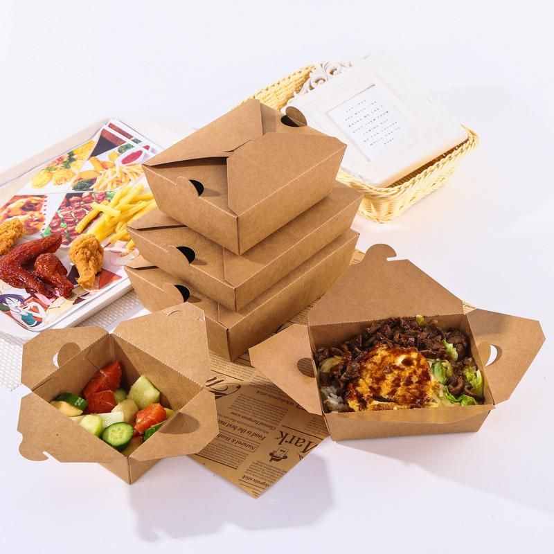 Factory Manufacturer Customized Size Disposable Degradable Brown Kraft Paper Lunch Box Fast Food Container