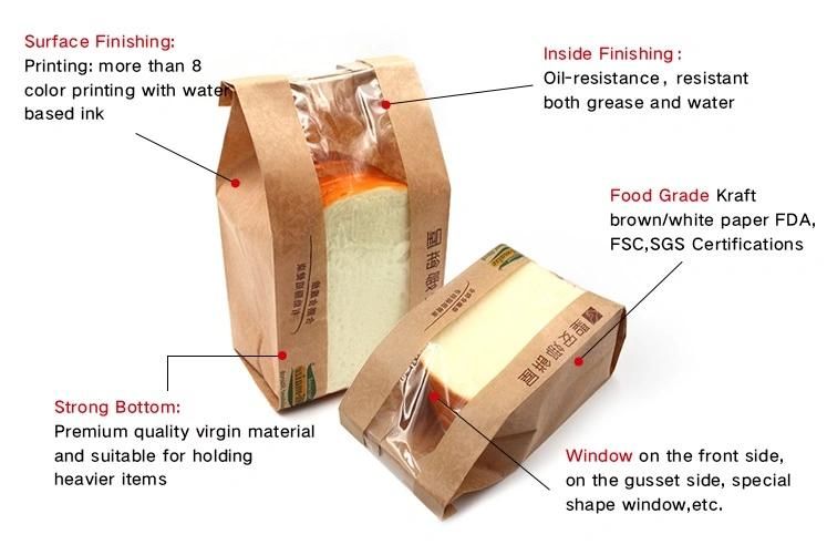 Wholesale Custom Design Printed Clear Window Bakery Toast Bread Bag Kraft Paper Bag