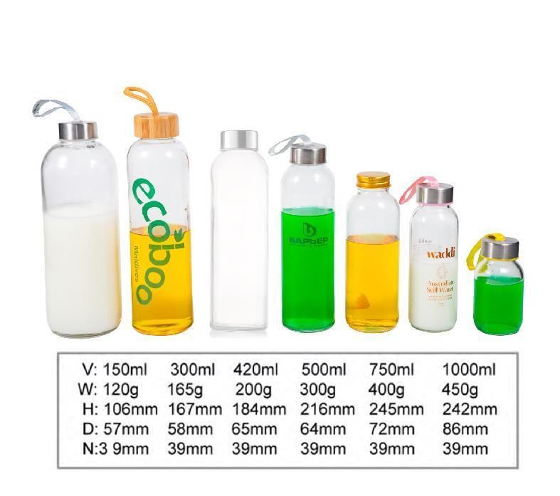 18 Oz Glass Water Bottle Glass Drinking Bottle with Stainless Steel Leak Proof Lids for Juice Beverage Packaging