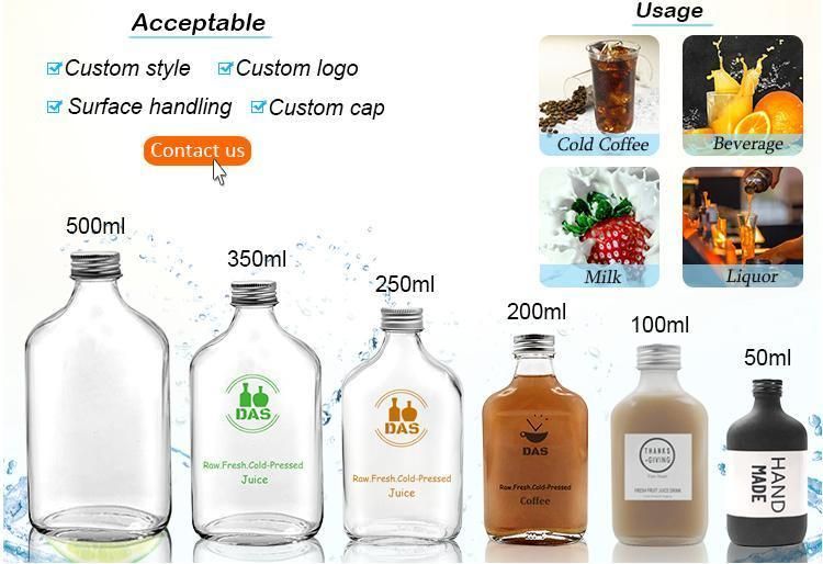 Eco-Friendly Flask Bottle 200ml Flat Glass Cold Brew Coffee Juice Bottles with Aluminium Cap