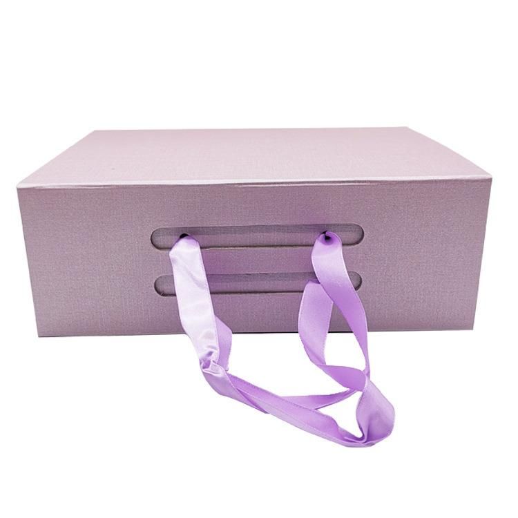 Wholesale Purple Color Small Size Paper Ribbon Handbag for Food Garments Whosale Lingerie Perfume Packaging Paper Foldable Hang Bag Packing Wedding Favour Boxes