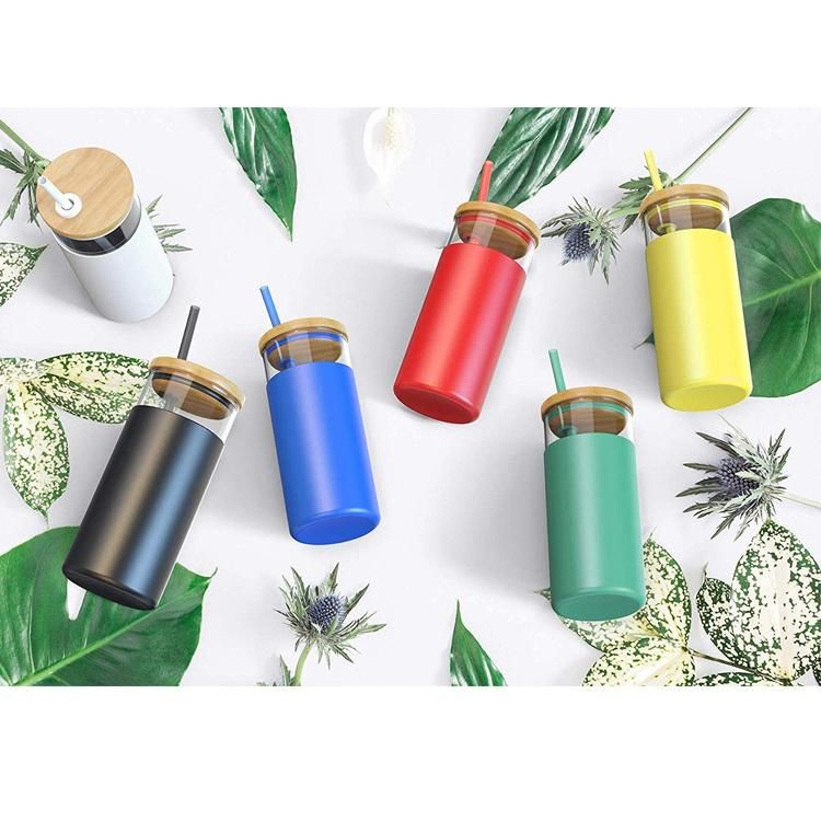 BPA Free Silicone Protective Sleeve Glass Tumbler Bottle Glass Container Water with Bamboo Lid and Straw