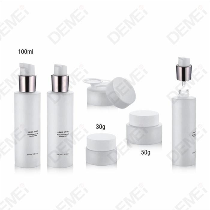 Demei 40/100/120ml 30/50g Cosmetic Skin Care Packaging Lovely White Cylinder Toner Lotion Glass Bottle and Cream Jar Series