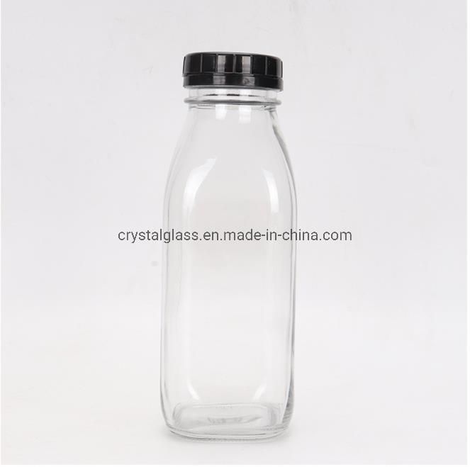 Promotion Transparent Square Fresh Milk Yogurt Glass Bottle with Plastic Pilfer Proof Cap 300ml 500ml 950ml