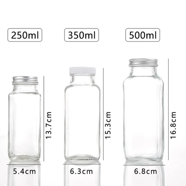 350ml 500ml Square French Fresh Juicer Glass Bottles Beverage with Plastic or Metal Lid