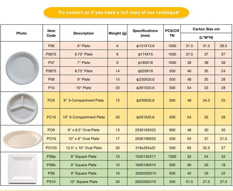 7/9 Inch Sugarcane Bagasse Degradable Disposable Biodegradable Tableware Plate