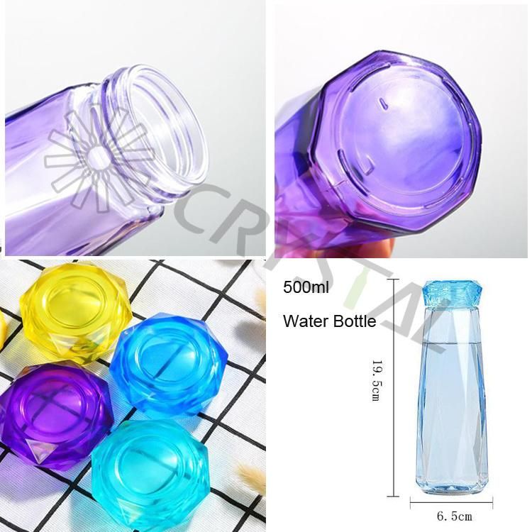 Crystal Diamond Shape Lid Blue Pink Glass Water Bottle Custom Logo